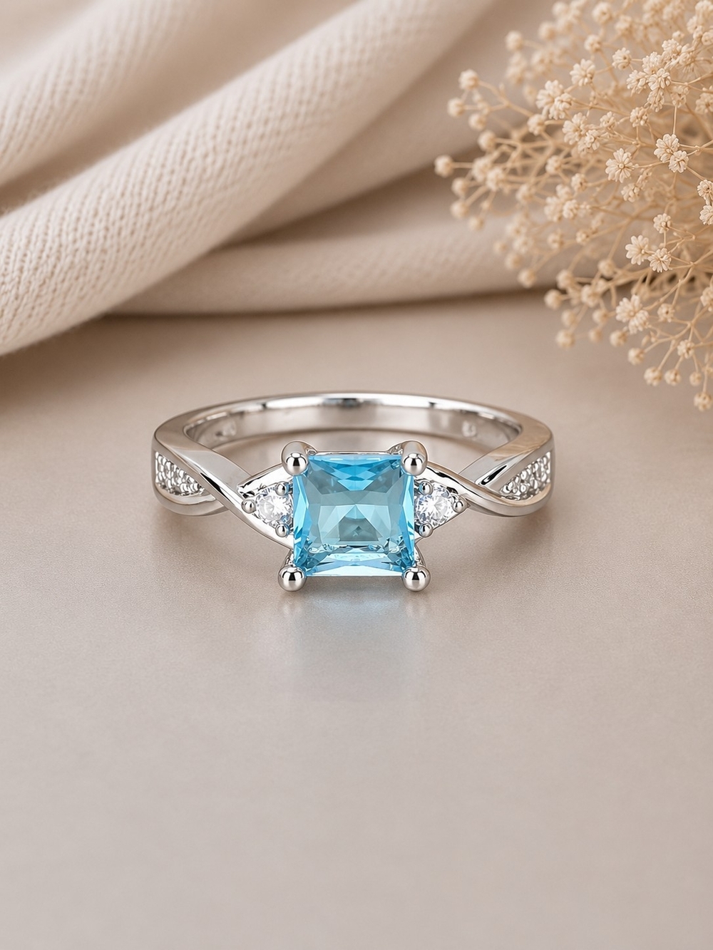 Blue Princess-Cut Gemstone Silver Ring